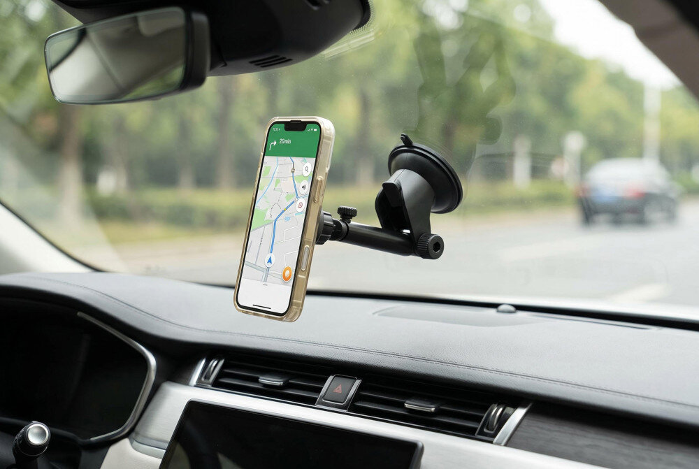 Wnętrze samochodu z zamontowanym na desce rozdzielczej uchwytem na telefon, w którym znajduje się smartfon z włączoną aplikacją map. Uchwyt jest czarny i przymocowany do szyby za pomocą przyssawki.