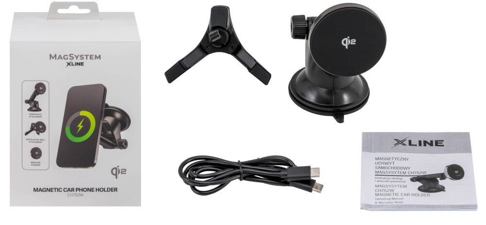 Na obrazie znajduje się opakowanie z napisem \'MagSystem XLINE\' oraz \'MAGNETIC CAR PHONE HOLDER CH752W\', obok którego leży czarny uchwyt samochodowy, kabel USB i instrukcja. Uchwyt ma okrągłą podstawę z logo \'qi2\'.
