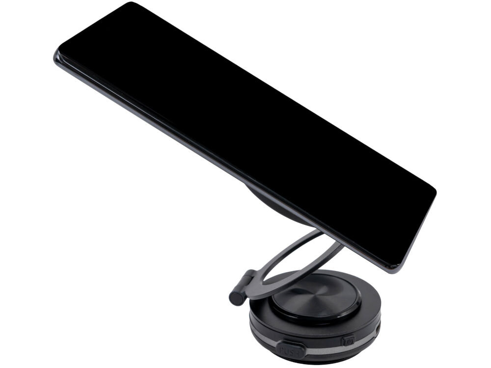 Uchwyt samochodowy XLINE CH550 automatyczna przyssawka szyba deska rozdzielcza stabilne mocowanie wejście 5V 1A bez śladów Telefon w uchwycie XLINE zamocowanym do szyby samochodu, ustawiony w pozycji poziomej.