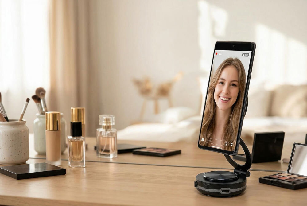 Uchwyt samochodowy XLINE CH550 Magsystem biurkowy uchwyt na telefon toaletka biurko wideorozmowa praca zdalna nagrywanie Widok z boku na regulowane ramię i mechanizm mocujący uchwytu XLINE przyklejonego do szyby.