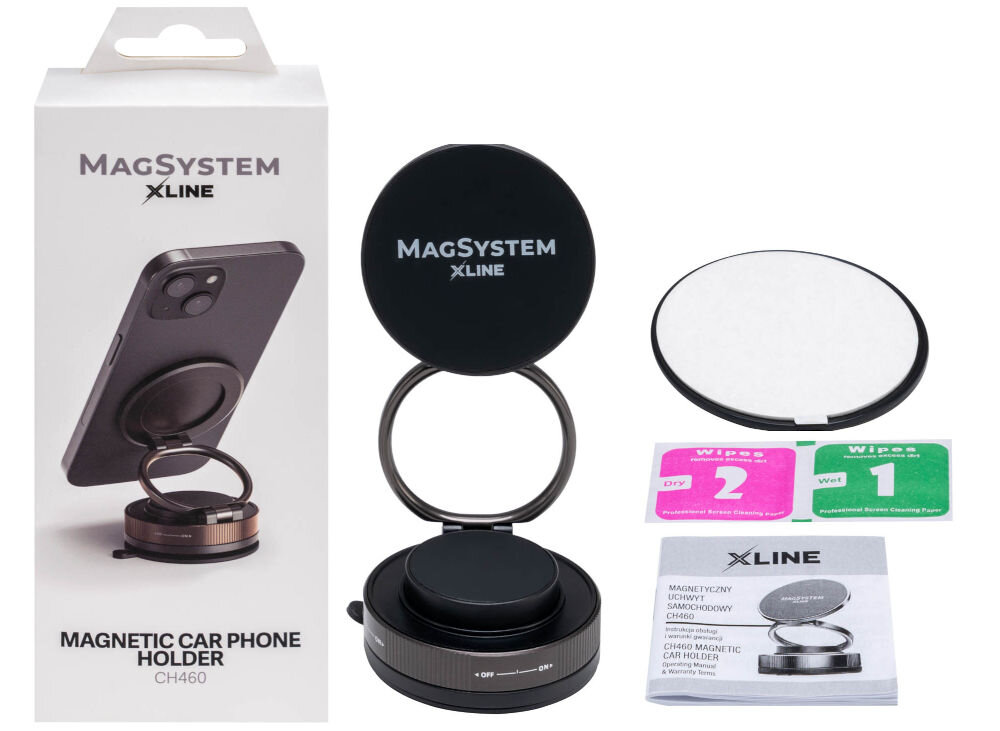 Uchwyt samochodowy XLINE CH460 Magsystem Zawartość opakowania uchwytu MagSystem Xline CH460: pudełko, uchwyt magnetyczny, metalowy pierścień, ściereczki czyszczące i instrukcja obsługi.