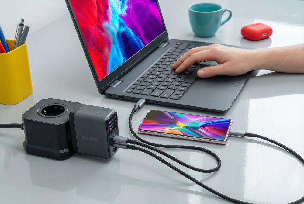 Ładowarka sieciowa XLINE WCT1003K zabezpieczenia przed przepięciem zwarciem przegrzaniem nadmiernym naładowaniem klasa odporności ogniowej V0 Stanowisko pracy z ładowarką X-Line zasilającą laptopa oraz smartfona. Grafitowa ładowarka wpięta jest w boczny slot kostki zasilającej. Długie, plecione kable zapewniają swobodę korzystania z urządzeń podczas uzupełniania energii.