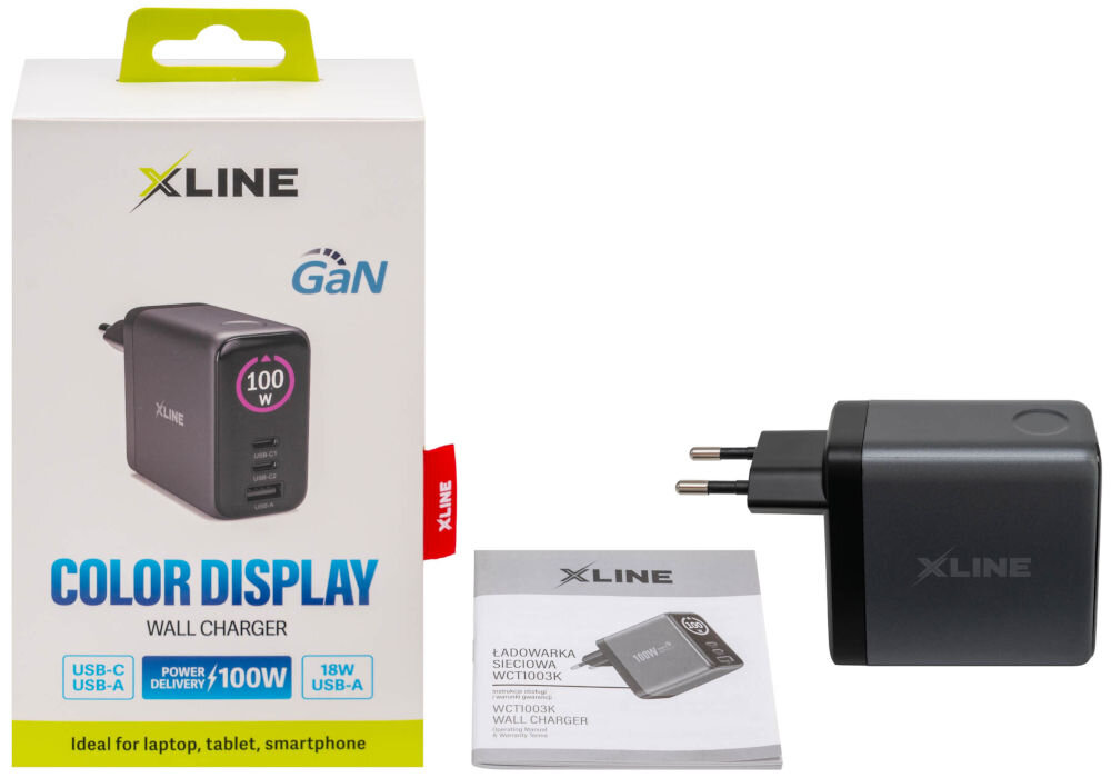 Ładowarka sieciowa XLINE WCT1003K Zestaw sprzedażowy: ładowarka X-Line WCT1003K, instrukcja obsługi i białe pudełko. Opakowanie zawiera logotypy technologii GaN, Power Delivery 100W oraz informację o kolorowym wyświetlaczu (Color Display). Produkt prezentuje się solidnie i nowocześnie.