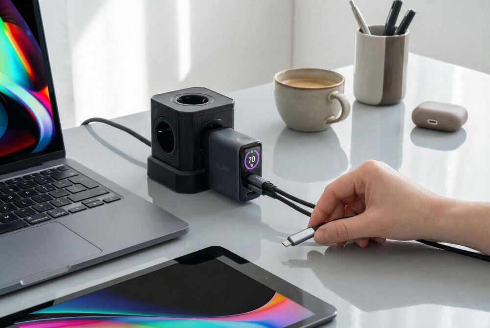 Ładowarka sieciowa XLINE WCT703K GAN 70 W trzy porty USB-C USB-A do ładowania laptopa tabletu i telefonu Dłoń wkładająca ładowarkę sieciową X-Line do kostki zasilającej na biurku. W tle widoczny laptop, smartfon oraz akcesoria biurowe. Ładowarka ma elegancką, grafitową obudowę z logo X-Line i kompaktowe wymiary, idealne do nowoczesnego stanowiska pracy.