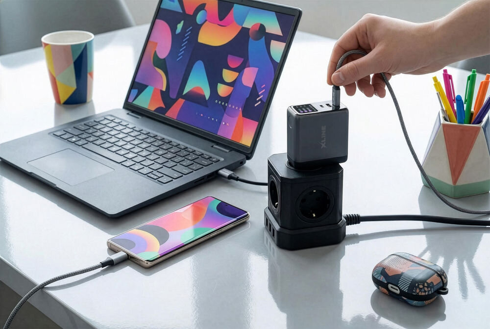 Ładowarka sieciowa XLINE WCT703K dwa porty USB-C jeden USB-A konfiguracje mocy 70 W 83 W 98 W do różnych urządzeń Proces podłączania kabla USB-C do górnego portu ładowarki X-Line. Urządzenie jest wpięte pionowo w kostkę zasilającą, a obok leży smartfon i laptop podłączone do ładowania. Wyraźnie widać nowoczesny design produktu oraz czytelny panel informacyjny LED.