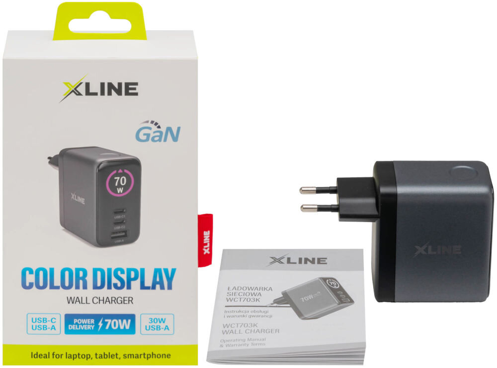Ładowarka sieciowa XLINE WCT703K Zestaw sprzedażowy: ładowarka X-Line WCT703K, instrukcja obsługi i białe pudełko. Opakowanie zawiera logotypy technologii GaN, Power Delivery 100W oraz informację o kolorowym wyświetlaczu (Color Display). Produkt prezentuje się solidnie i nowocześnie.