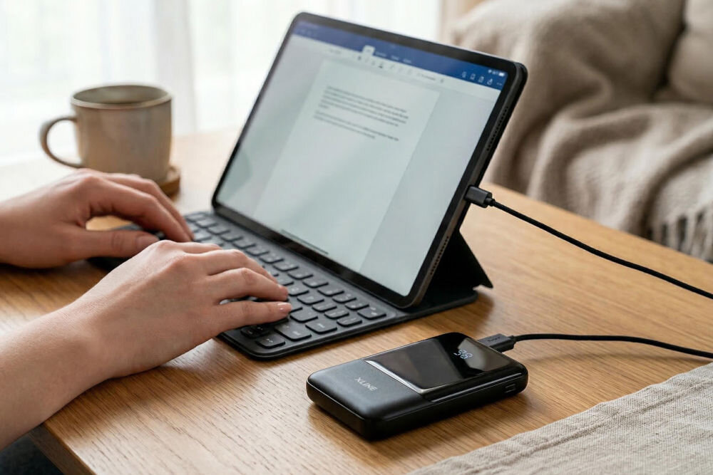 Na drewnianym stole znajduje się tablet z klawiaturą, na którym wyświetlany jest dokument tekstowy. Obok leży czarny powerbank z logo \'XLINE\', podłączony do tabletu kablem.
