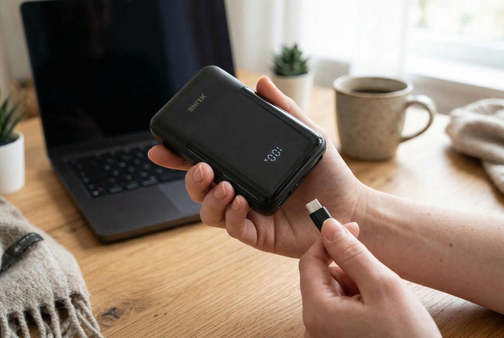 Osoba trzyma czarny powerbank z wyświetlaczem pokazującym \'100\'. Obok znajduje się laptop, kubek i roślina na drewnianym stole.