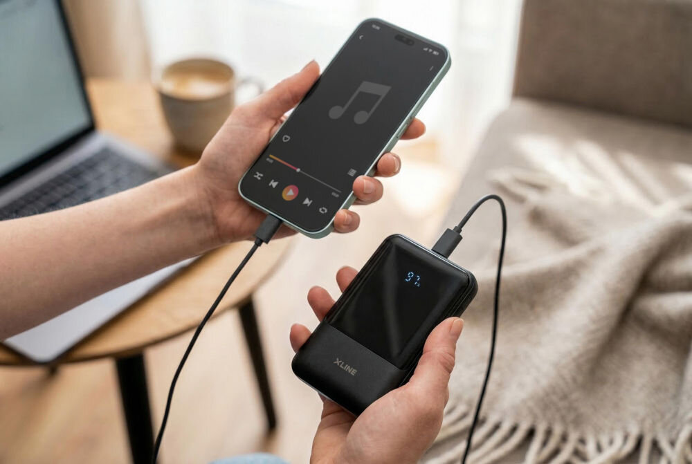 Osoba trzyma smartfon z odtwarzaczem muzyki oraz czarny powerbank z logo XLINE, który pokazuje 97% na wyświetlaczu. W tle widać laptopa i filiżankę na stoliku.