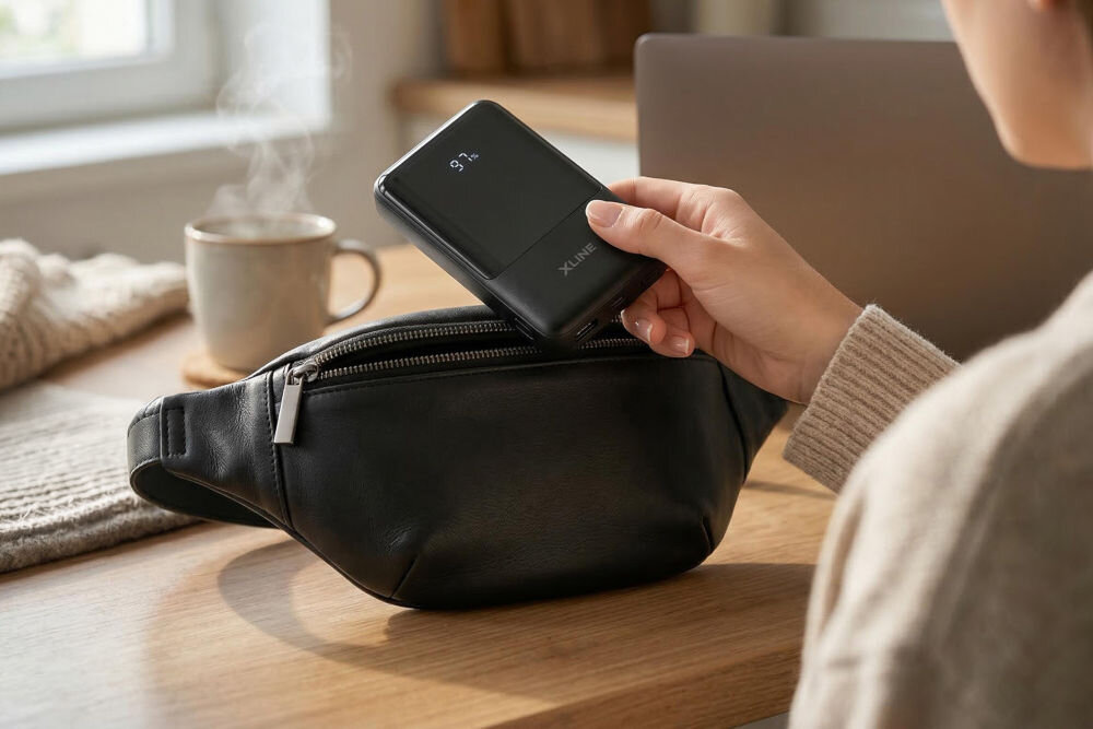 Osoba trzyma czarny powerbank z wyświetlaczem pokazującym \'93%\'. Obok znajduje się czarna torba i filiżanka z parującym napojem.