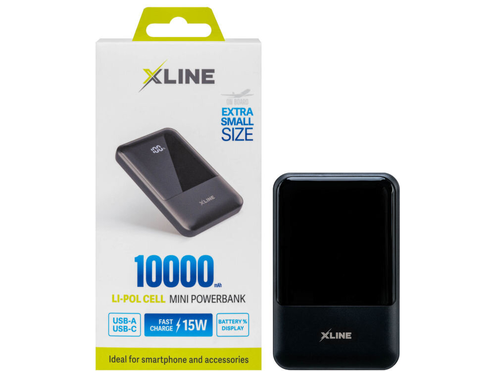 Na obrazie znajduje się opakowanie i czarny powerbank marki XLINE. Na opakowaniu widnieje tekst: \'EXTRA SMALL SIZE\', \'10000 mAh\', \'LI-POL CELL MINI POWERBANK\', \'USB-A USB-C\', \'FAST CHARGE 15W\', \'BATTERY % DISPLAY\'.