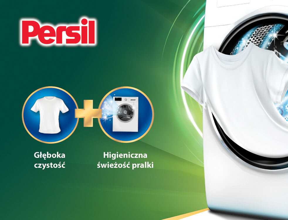 Kapsułki do prania PERSIL Reklama Persil. Na tle ciemnozielonym z promieniami światła, po prawej widoczna jest pralka z białą koszulką. W centralnej części dwa okrągłe piktogramy połączone znakiem plusa: Biała koszulka (symbol Głęboka czystość) i pralka (symbol Higieniczna świeżość pralki)