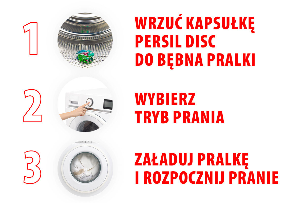 Kapsułki do prania PERSIL Discs Expert 4 in 1 Stain - 54 szt. grafika przedstawia na białym tle trzy etapy 1-wrzuć kapsułkę Persil do odpowiedniej komory 2-wybierz tryb prania 3-załaduj pralkę i rozpocznij pranie