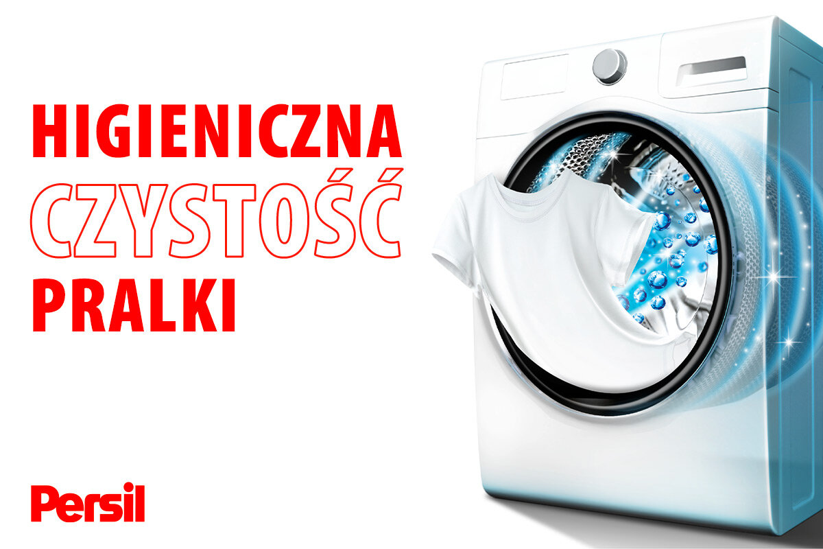 Kapsułki do prania PERSIL Discs Expert 4 in 1 Stain - 54 szt. na białym tle widoczna pralka w bębnie biała  koszulka obok napis higieniczna czystość pralki i logo Persil 