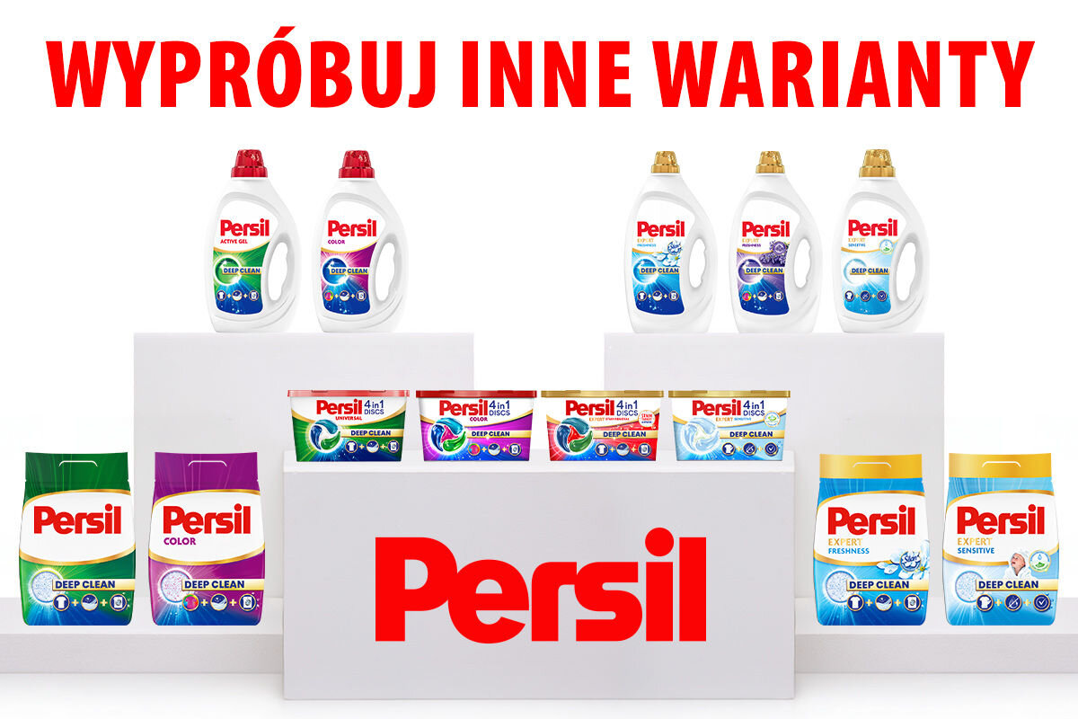 Na obrazie widoczne są różne produkty marki Persil, w tym płyny do prania i kapsułki, ustawione na białych podestach. Na górze znajduje się napis \'WYPRÓBUJ INNE WARIANTY\', a na dole duże logo Persil.