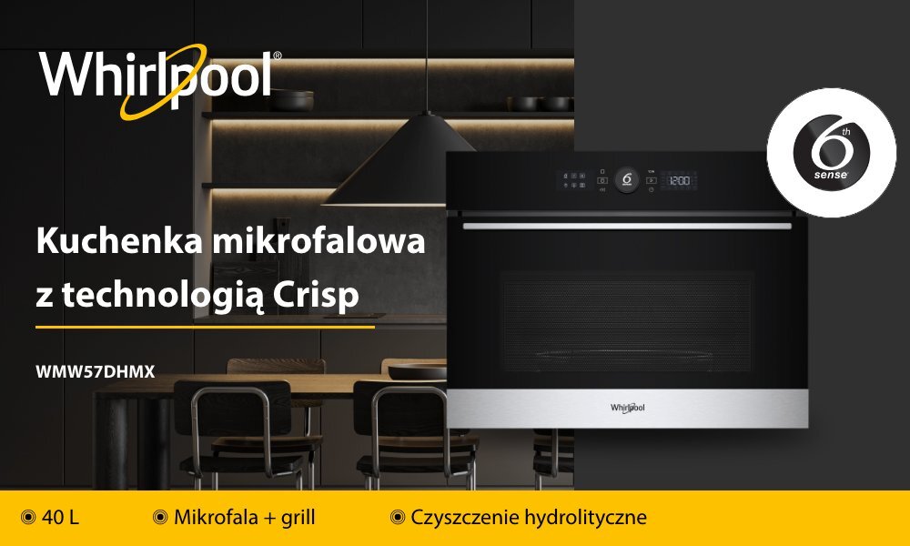 KUCHNIA MIKROFALOWA WHIRLPOOL WMW57DHMX wizualizacja top baner model marka logo cechy pojemność funkcje kuchenka kolor czarno srebrny do zabudowy