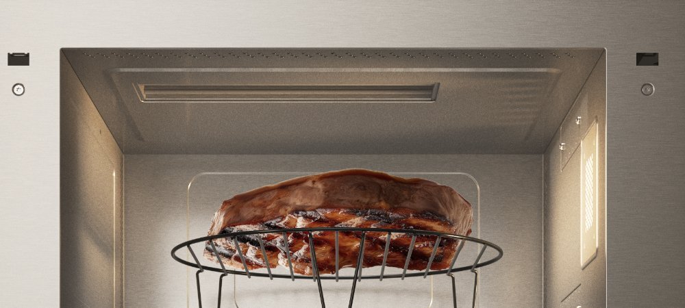 KUCHNIA MIKROFALOWA WHIRLPOOL WMW57DHMX wizualizacja wnętrze kuchenka otwarta ruszt grill mięso szybkie gotowanie równomierne zarumienienie złota skórka łatwość Oszczędność wygoda energooszczędne przygotowanie potraw