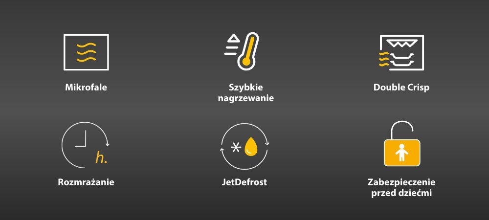 KUCHNIA MIKROFALOWA WHIRLPOOL WMW57DHMX wizualizacja ikony programy funkcje Funkcje ułatwiające obsługę szybkie podgrzanie krótszy czas Mikrofale Double Crisp rozmrażanie JetDefrost Zabezpieczenie przed dziećmi