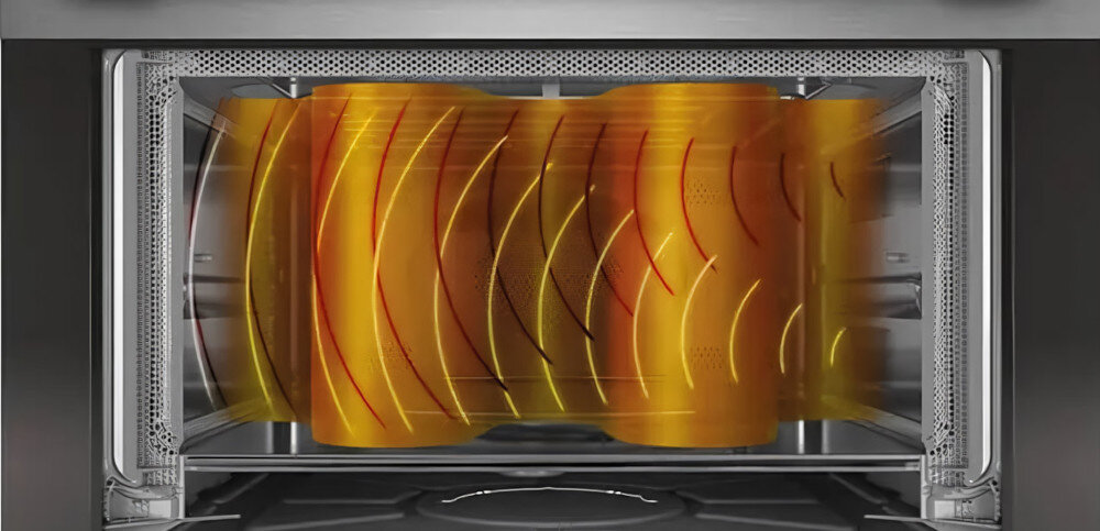 KUCHNIA MIKROFALOWA WHIRLPOOL WMW57DHMW wizualizacja wnętrze otwarte kolory pomarańczowe czerwone fale ciepła Technologia 3D Technologia 3D szybkie przygotowanie podgrzewanie równomierne Oszczędność czasu dokładne