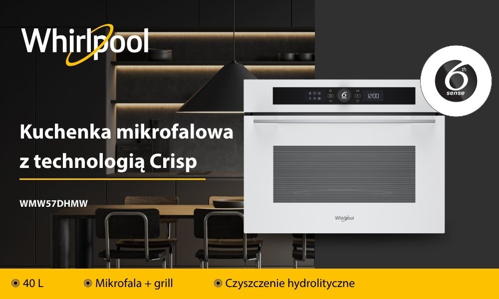 Reklama kuchenki mikrofalowej Whirlpool z technologią Crisp, model WMW57DHMW. Na dole znajdują się ikony z informacjami: 40 L, Mikrofala + grill, Czyszczenie hydroliczne.