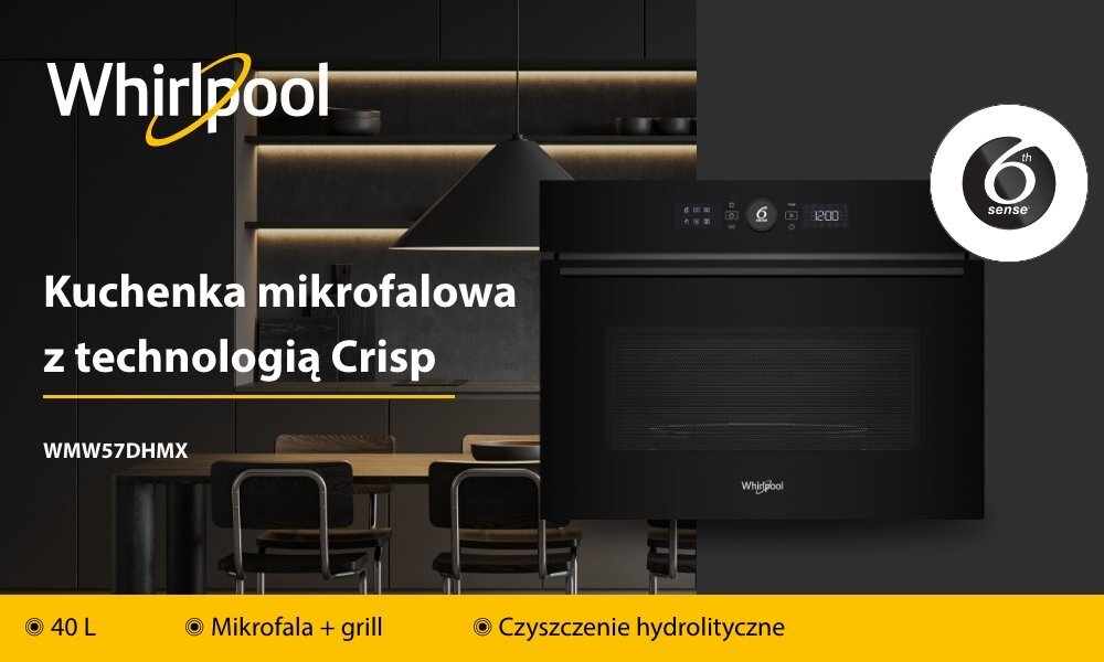 Obraz przedstawia czarną kuchenkę mikrofalową z technologią Crisp marki Whirlpool, z tekstem: \'Kuchenka mikrofalowa z technologią Crisp WMW57DHMX\'. Na dole znajdują się ikony z opisami: \'40 L\', \'Mikrofala + grill\', \'Czyszczenie hydroliczne\'.