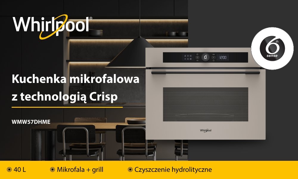 KUCHNIA MIKROFALOWA WHIRLPOOL WMW57DHME wizualizacja top baner model marka logo cechy pojemność funkcje kuchenka kolor szampński do zabudowy