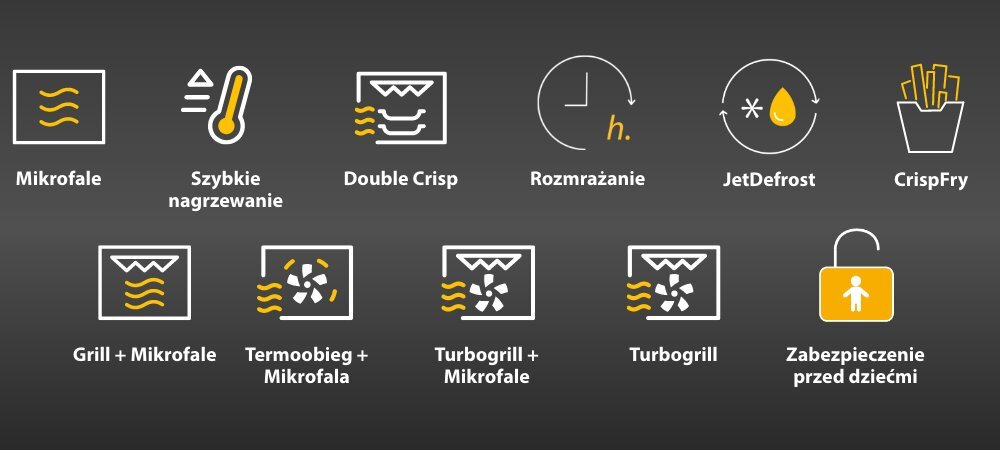 KUCHNIA MIKROFALOWA WHIRLPOOL WMW57DHME wizualizacja ikony programy funkcje Funkcje ułatwiające obsługę szybkie podgrzanie krótszy czas Mikrofale Double Crisp rozmrażanie JetDefrost Termoobieg + Mikrofala oraz Turbogrill + Mikrofale Turbogrill CrispFry Zabezpieczenie przed dziećmi