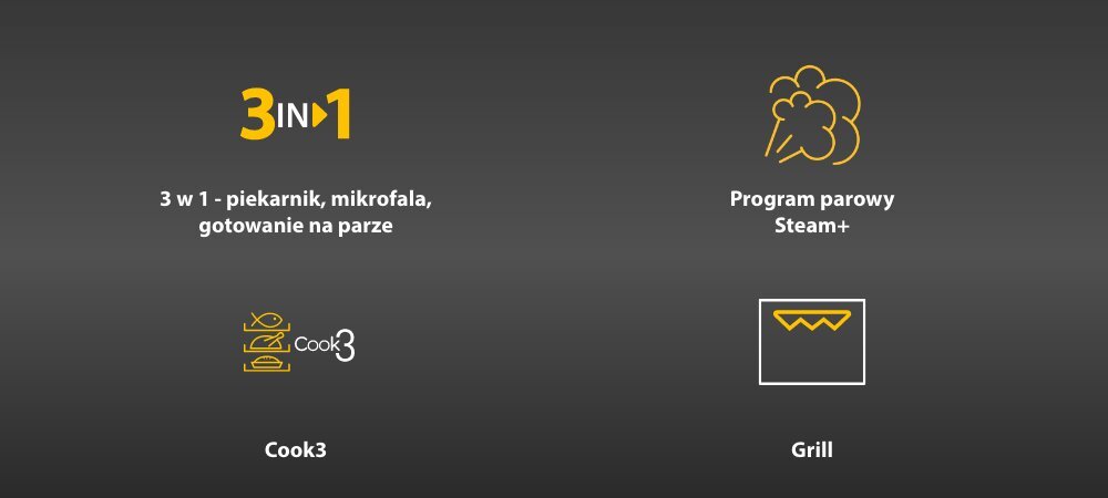 PIEKARNIK WHIRLPOOL WCC54PMSBA Grafika „3 in 1” z funkcjami piekarnika, mikrofalówki i pary. Widoczne tryby Cook3 i grill piekarnik mikrofala parowar urządzenie 3w1 oszczędność miejsca Steam+ pieczenie parowe 4 poziomy pary soczyste potrawy zdrowe gotowanie Cook3 pieczenie 3 potraw jednocześnie brak mieszania zapachów grill zarumienianie chrupiące potrawy szybkie pieczenie