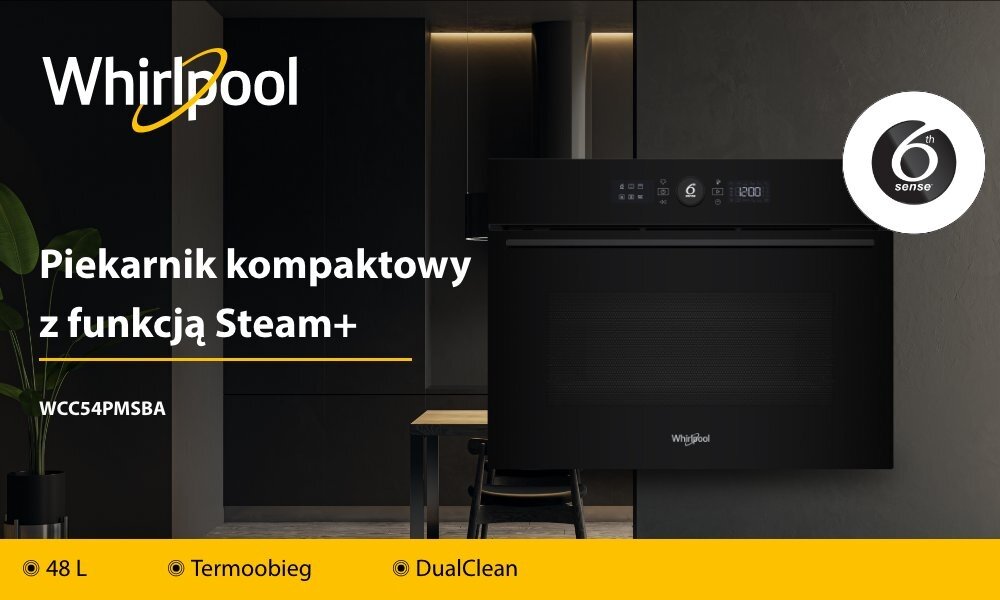 PIEKARNIK WHIRLPOOL WCC54PMSBA Piekarnik Whirlpool z funkcją Steam+ i oznaczeniem modelu. Na dole infosy: 48 l, termoobieg i DualClean