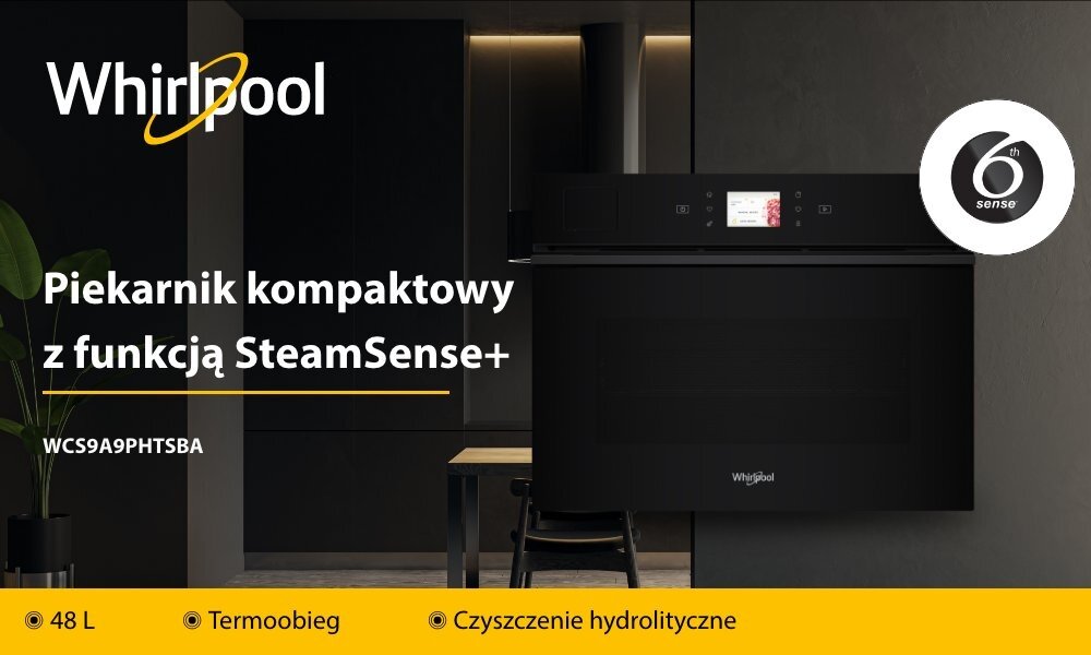 PIEKARNIK WHIRLPOOL WCS9A9PHTSBA Piekarnik Whirlpool z funkcją Steam+ i oznaczeniem modelu. Na dole infosy: 48 l, termoobieg i DualClean