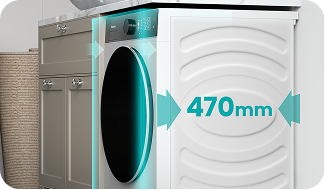 Pralka w zabudowie kuchennej z widocznym panelem sterowania i oznaczeniem \'470mm\'.