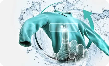 Obraz przedstawia niebieski sweter unoszący się w wodzie, z graficzną ręką wskazującą na ikonę odtwarzania. W tle widoczne są rozpryski wody i strzałka skierowana w górę.