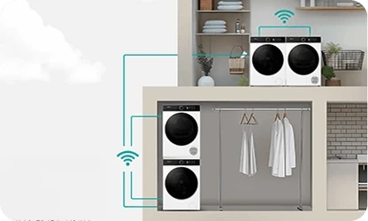 Obraz przedstawia dwie pralki ustawione w zabudowie, z ikonami sygnalizującymi połączenie Wi-Fi. W tle widoczne są półki z dekoracjami i ubrania wiszące na wieszaku.