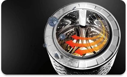 Obraz przedstawia wnętrze bębna pralki z widocznymi strzałkami wskazującymi kierunek obrotu. Na zewnątrz bębna widoczne są grafiki symbolizujące cząsteczki brudu lub bakterii.