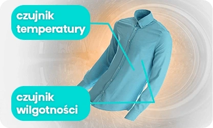 Na obrazie widoczna jest niebieska koszula z dwoma etykietami: \'czujnik temperatury\' i \'czujnik wilgotności\'. W tle znajduje się rozmyty, okrągły wzór w odcieniach pomarańczowych i szarych.