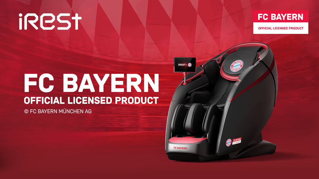 Fotel masujący IREST Dual Core V8 Czarno-czerwony Tożsamość kibica Klubowe detale wyszywany herb na zagłówku boczne plakietki „Official Licensed Product” badge „FC BAYERN”
