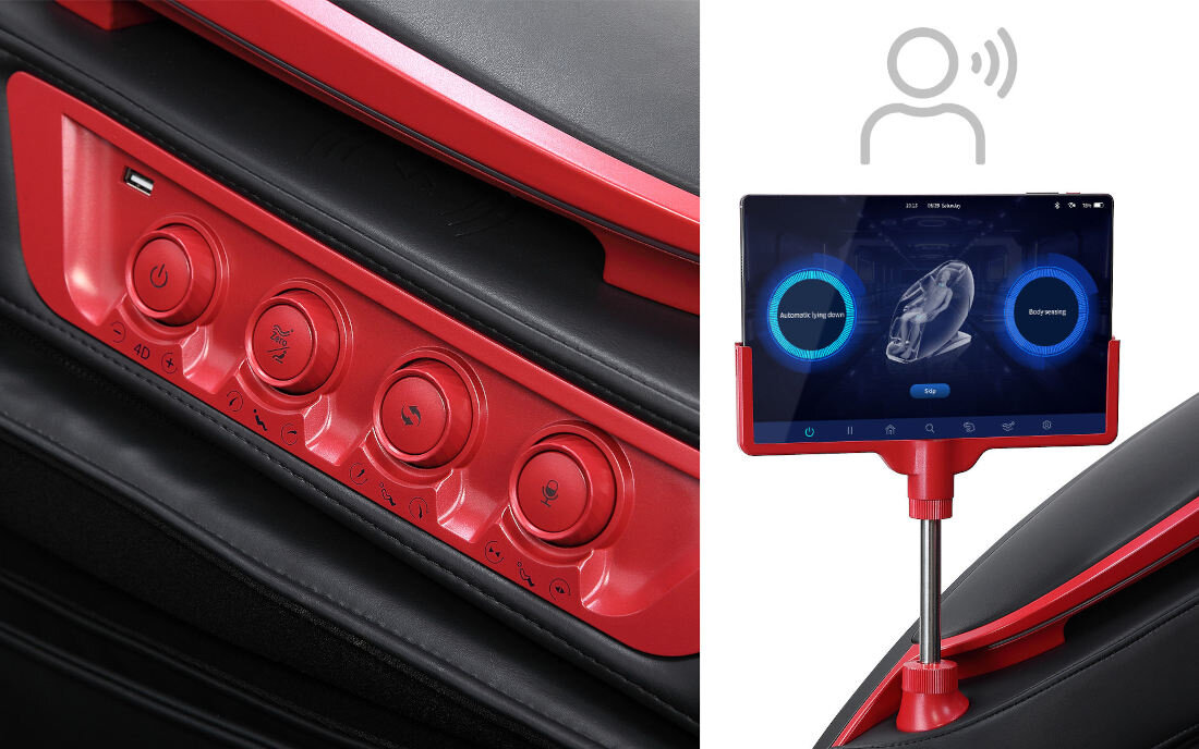 Fotel masujący IREST Dual Core V8 Czarno-czerwony Wygodne sterowanie za pomocą tabletu z przejrzystym interfejsem intuicyjny układ przycisków Wygodny i prosty w obsłudze tablet panel podręczny funkcja sterowania głosowego Voice Control dedykowana aplikacja Robot Massage Androida i iOS