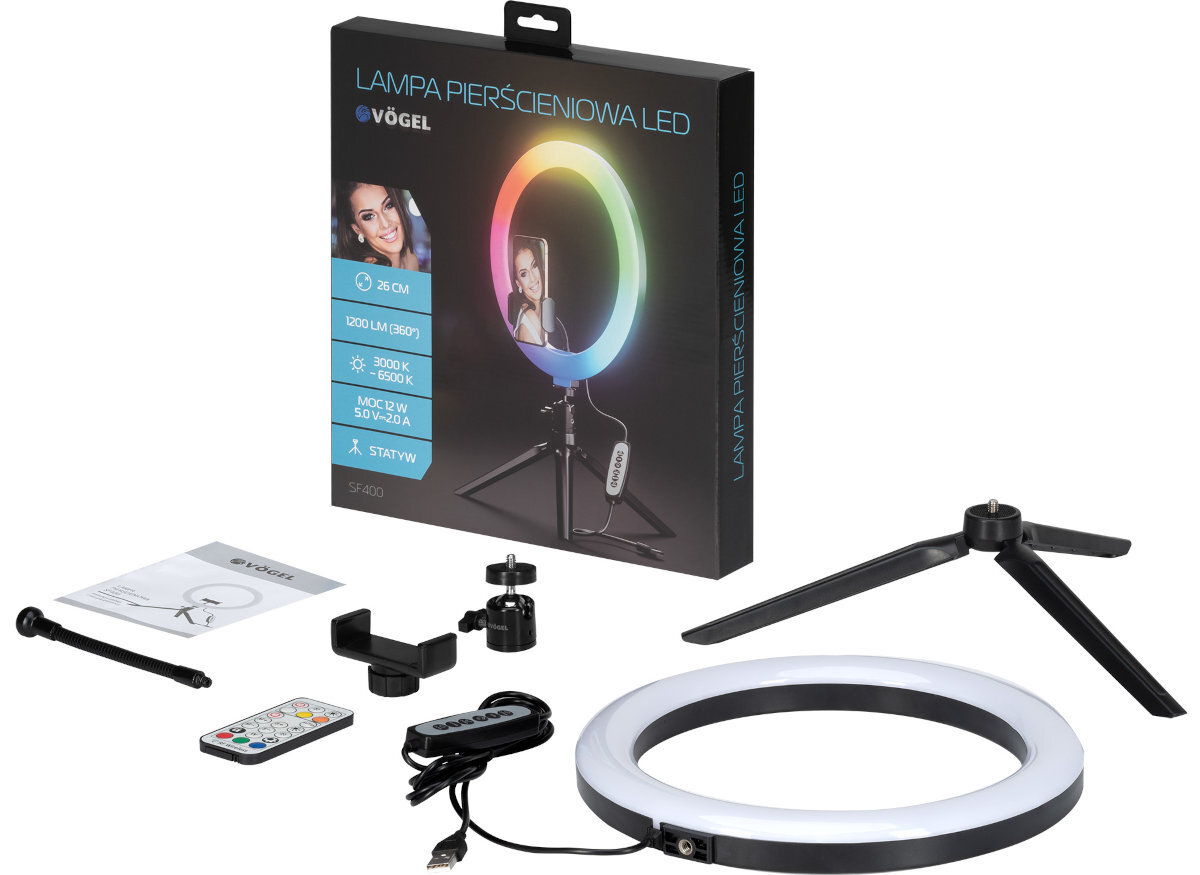 Lampa pierscieniowa LED VOGEL SF400 RGB zawartosc opakowania