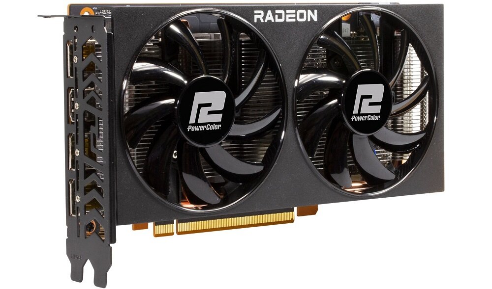 Karta graficzna z dwoma dużymi wentylatorami, na których widnieje logo PowerColor. Na górnej krawędzi obudowy znajduje się napis \'RADEON\'.