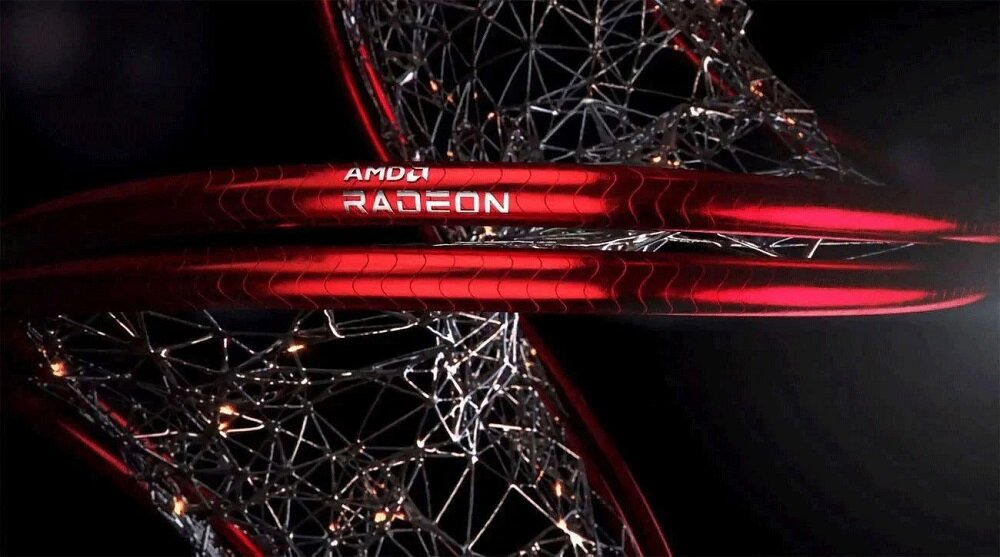 Obraz przedstawia abstrakcyjną strukturę z czerwonymi elementami i metaliczną siatką. Widoczny jest tekst: \'AMD RADEON\'.