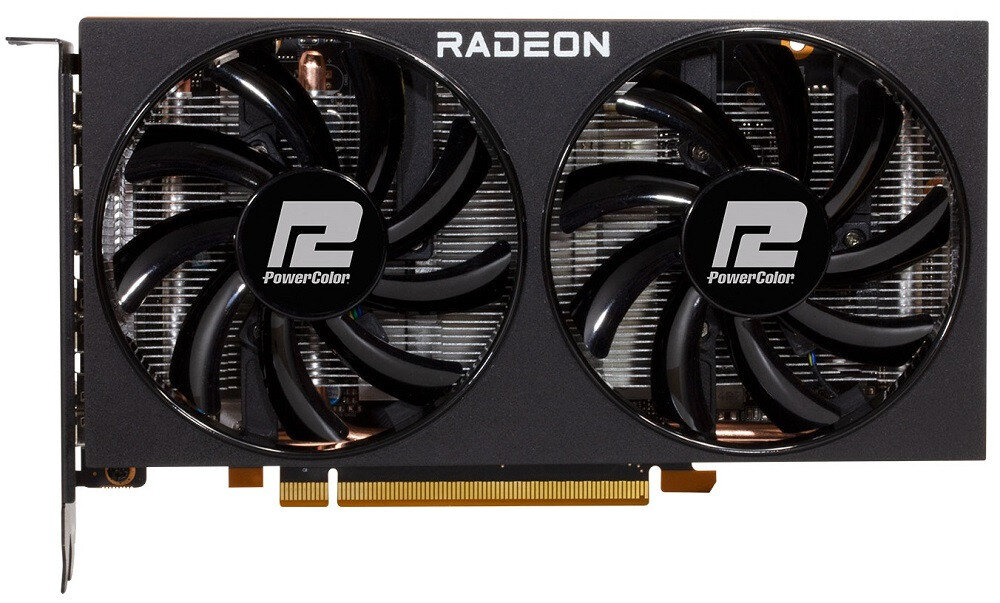 Na obrazie widoczna jest karta graficzna z dwoma dużymi wentylatorami. Na obudowie znajduje się napis \'RADEON\' oraz logo \'PowerColor\'.