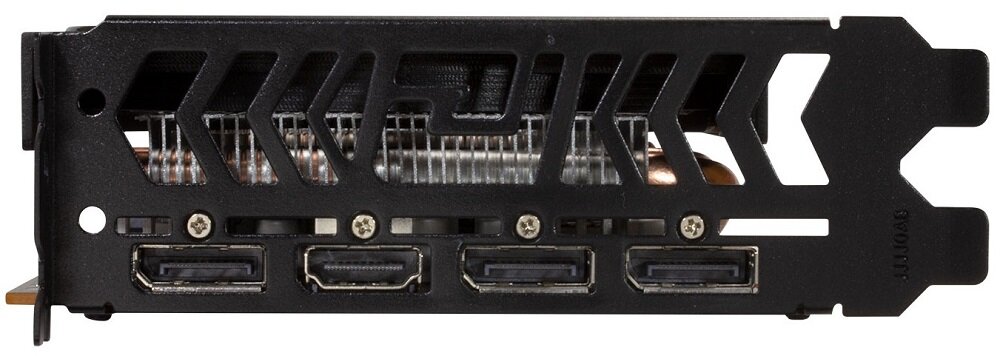 Obraz przedstawia tylny panel karty graficznej z czterema portami wyjściowymi: trzema DisplayPort i jednym HDMI. Panel ma czarną kratkę wentylacyjną i kilka śrub mocujących.