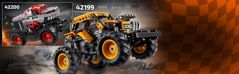 Na obrazie widoczne są dwa modele pojazdów LEGO Technic: jeden w kolorze czerwonym z numerem 42200, a drugi w kolorze żółtym z numerem 42199 i logo JCB. Tło jest dynamiczne, z efektem prędkości i szachownicą po prawej stronie.
