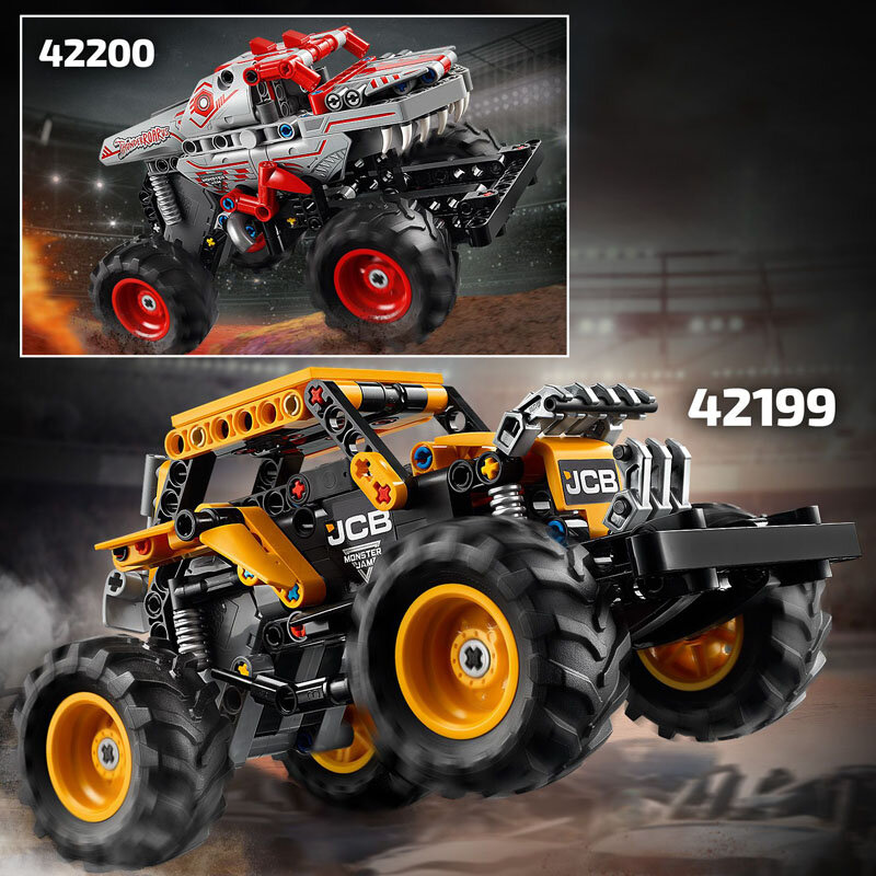 Na obrazie widoczne są dwa modele pojazdów LEGO Technic Monster Jam, oznaczone numerami 42200 i 42199. Model 42199 jest w kolorach czarnym i żółtym z logo JCB, a model 42200 ma czerwono-szare barwy z agresywnym designem.