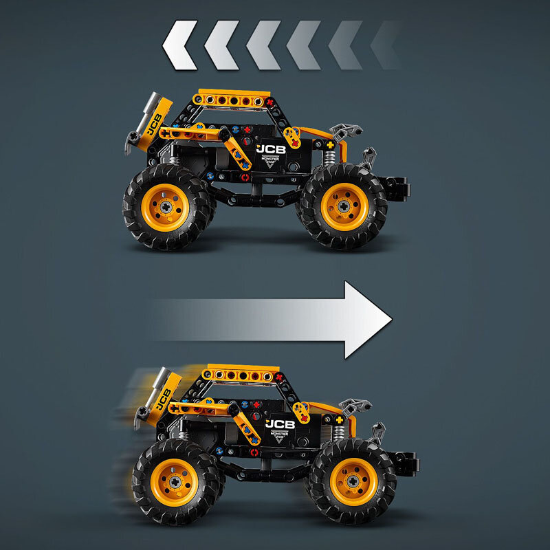 Na obrazie widoczny jest model pojazdu z klocków LEGO w kolorach czarnym i żółtym, z napisem \'JCB\' na boku. Powyżej i poniżej pojazdu znajdują się strzałki sugerujące ruch, a tło jest ciemnoszare.