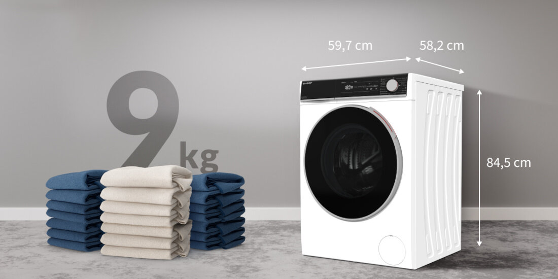 Pralka SHARP ES-NFH914CWA-PL 9 kg 1400 obr A A pojemna pojemnosc 8kg funkcjonalna wymiary