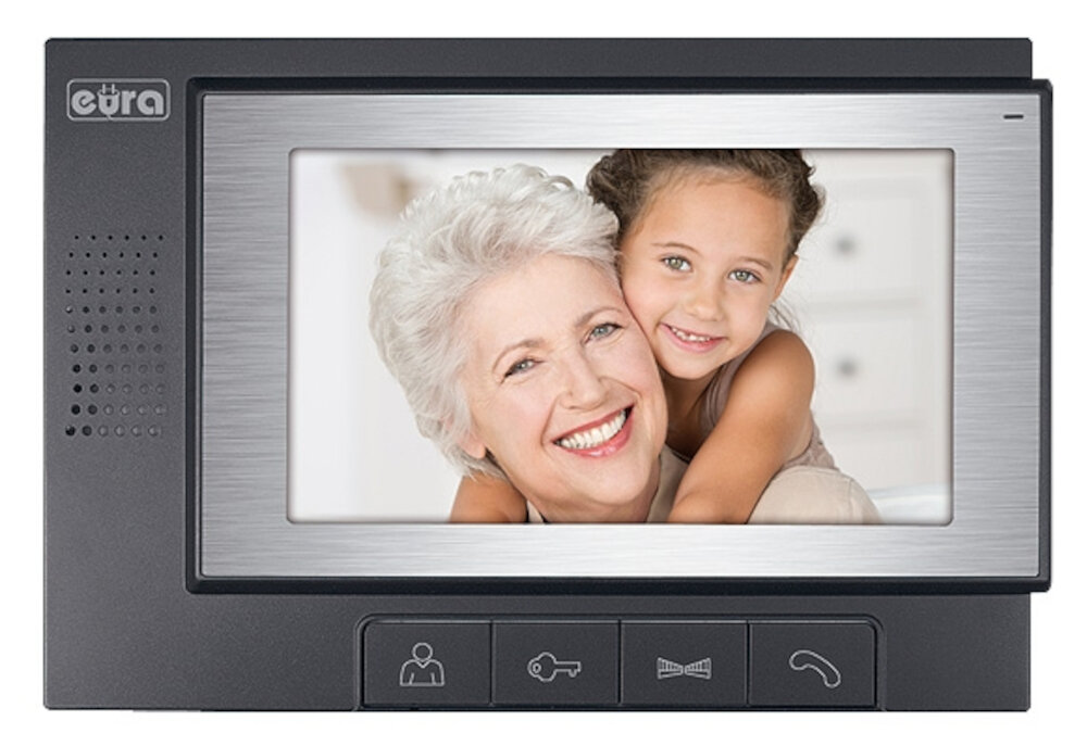Wideodomofon EURA Pluton G VDP-22A3 monitor o przekroju 7 cali obraz doskonałej jakości w technologii TFT-LCD pokretla regulacyjne przycisk nad pokretlami 8 melodii gongu mziana glosnosci