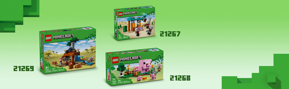 Obraz przedstawia trzy zestawy LEGO Minecraft na zielonym tle. Widoczne są numery zestawów: 21269, 21267 i 21268 oraz logo LEGO Minecraft.