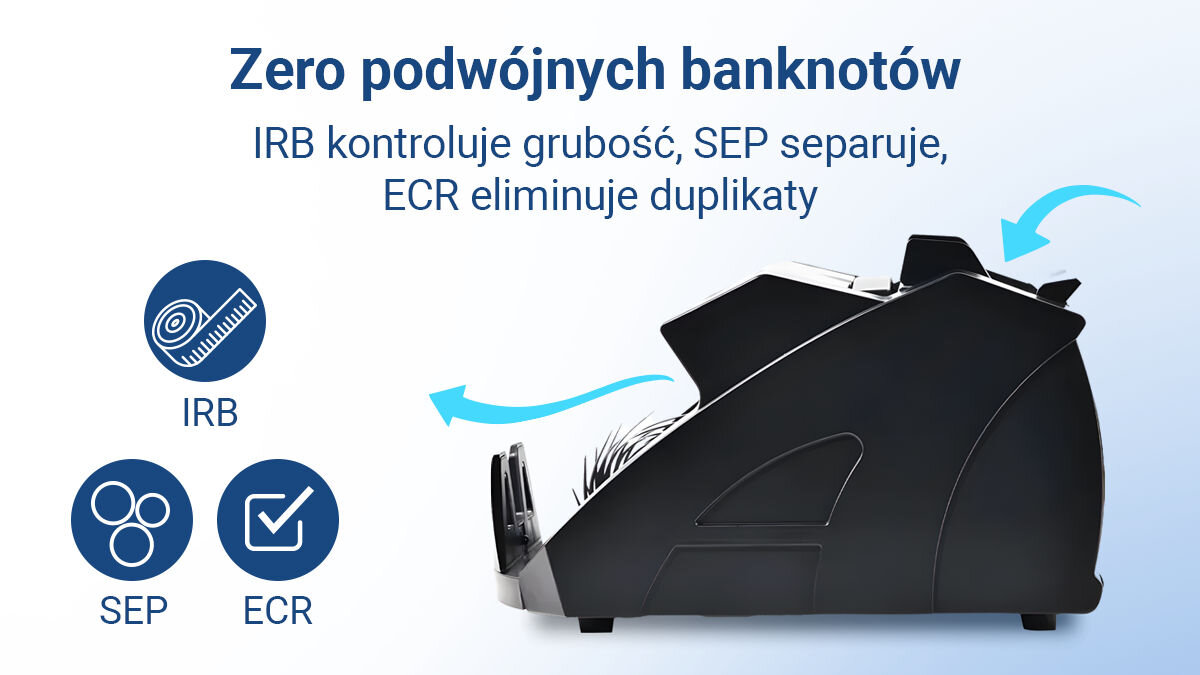Liczarka nominałowa do banknotów EXTRALINK UV MGF Czarny, liczenie, funkcje, weryfikacja, precyzja, na niebiesko białym tle liczarka wraz z opisem zalety zero podwójnych banknotów