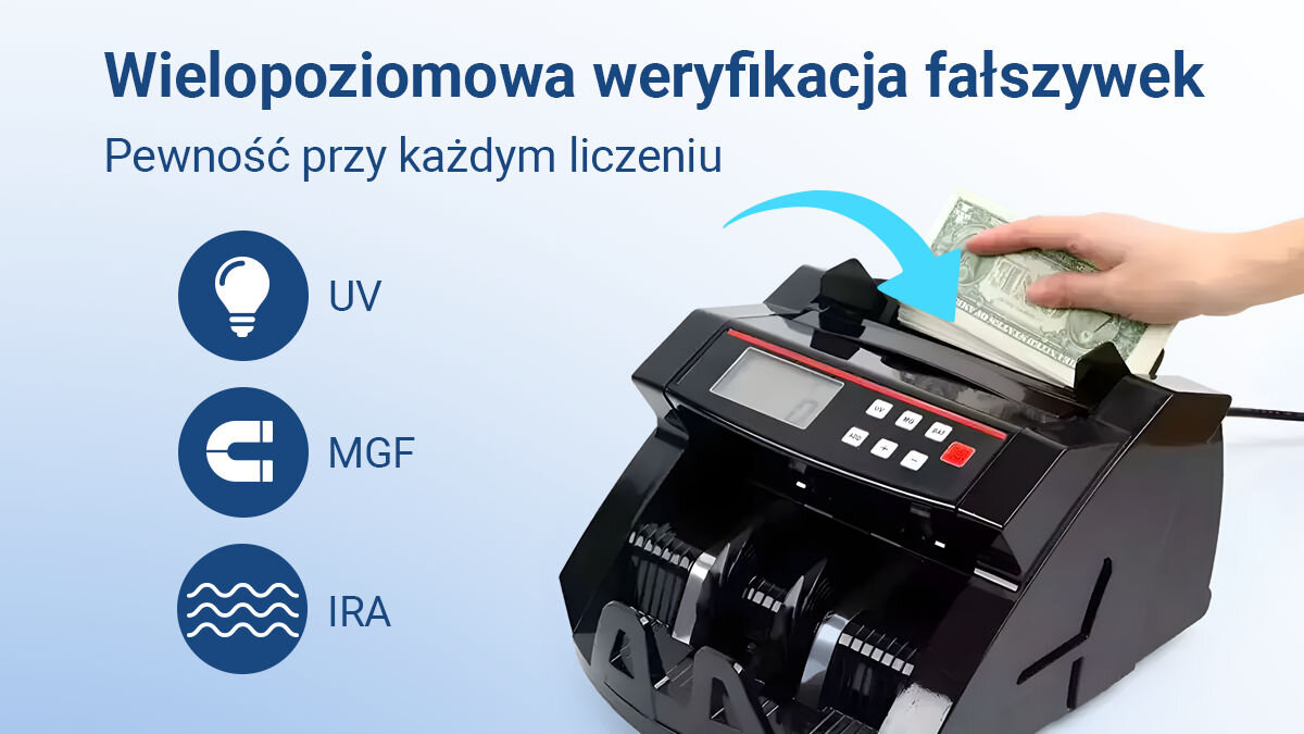 Liczarka nominałowa do banknotów EXTRALINK UV MGF Czarny, technologie, UV, MGF, IRA, na niebiesko białym tle liczarka wraz z opisem zalety wielopoziomowa weryfikacja fałszywek